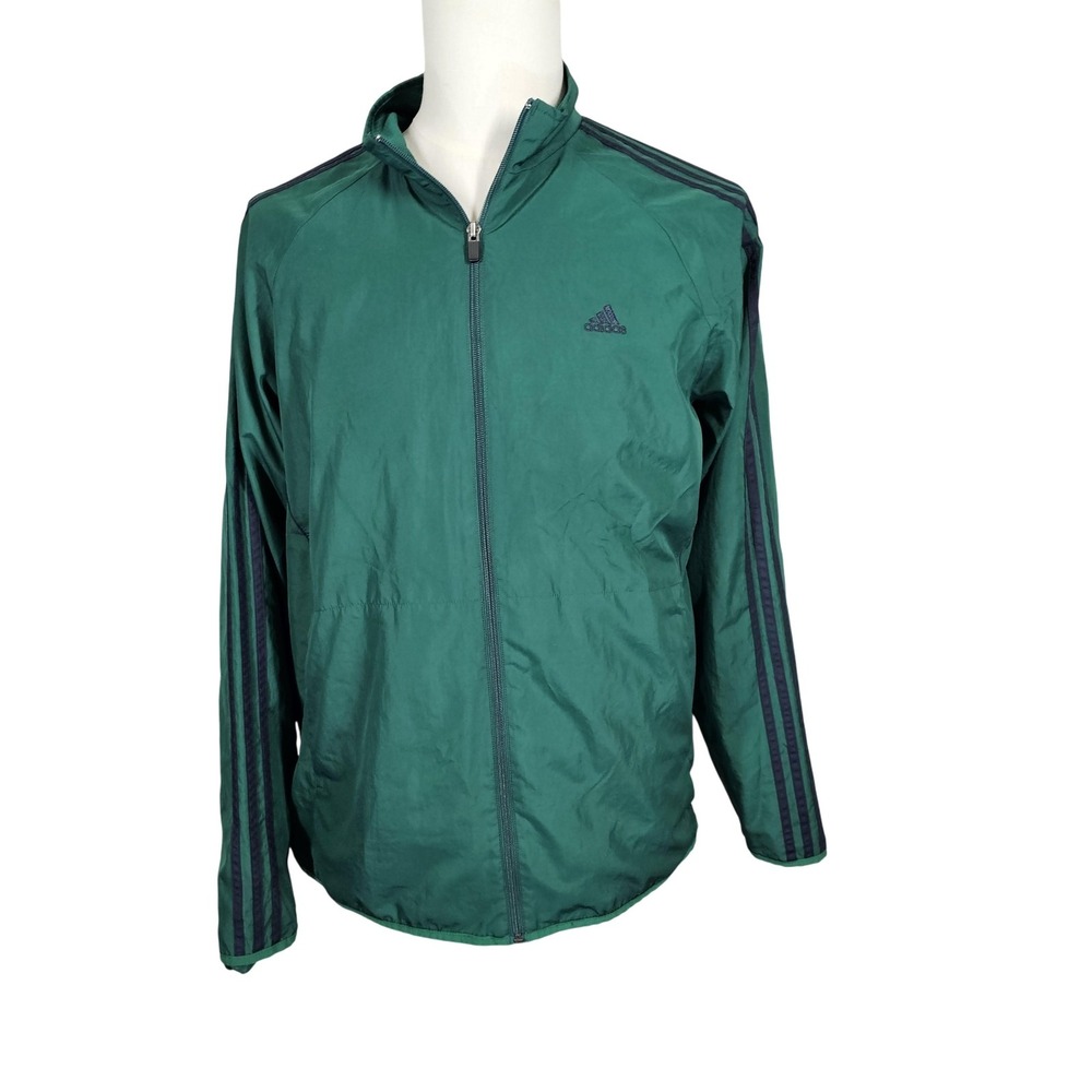 Adidas Jacket Mens Medium Green Full Zip Windbreaker Three Stripes Athletic Logo
